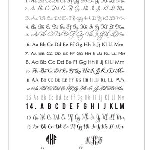 May include: A page with a list of 18 different fonts, labeled 1 through 18. Each font is shown with the letters A through M in lowercase. The fonts are all cursive and handwritten style. The page also includes the text "FONTS" at the top and "SIMPLY SILHOUETTES modern heirlooms" at the bottom.