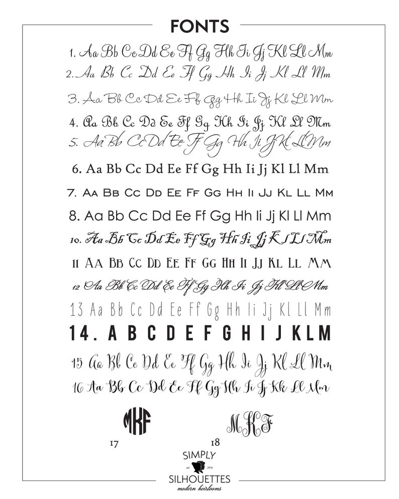 May include: A page with a list of 18 different fonts, labeled 1 through 18. Each font is shown with the letters A through M in lowercase. The fonts are all cursive and handwritten style. The page also includes the text "FONTS" at the top and "SIMPLY SILHOUETTES modern heirlooms" at the bottom.