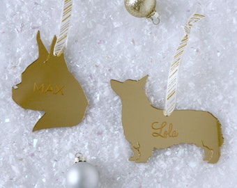 Custom Silhouette Dog / Pet Christmas Ornaments in Mirrored Acrylic made with YOUR OWN Pet's Silhouettes Gold Dog Ornaments