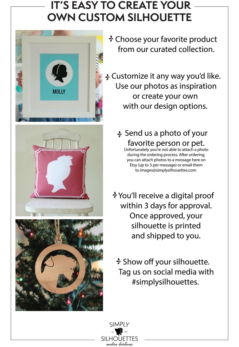 May include: A guide on how to create custom silhouettes. The guide features three examples of silhouettes: a framed silhouette of a girl named Molly, a pillow with a silhouette of a woman, and a wooden ornament with a silhouette of a dog named Coco. The text reads "It's easy to create your own custom silhouette." and includes instructions on how to create a custom silhouette.