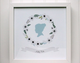 Custom Silhouette Print with Flower Wreath, Personalized Portrait