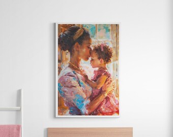 Mother Daughter Love African Art Canvas Print, Black Afro Wall Art