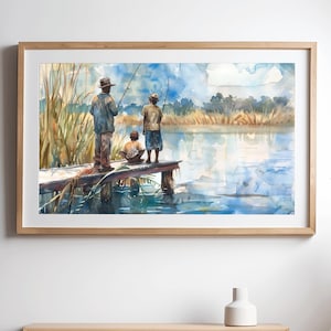 Gullah Geechee Art, Black Boys Fishing, Lowcountry Art Water Color Print, South Carolina, Black History Art, African American Black Wall Art
