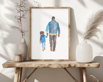 Black Father Daughter Watercolor Art Print, Family Wall Decor