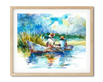 Gullah Geechee Art Print, Black Boys Fishing Watercolor, South Carolina Lowcountry