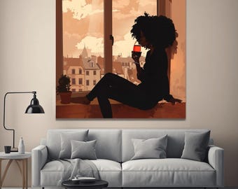 Boho Black Woman Drinking Wine Wall Art | Melanin Goddess Canvas Print