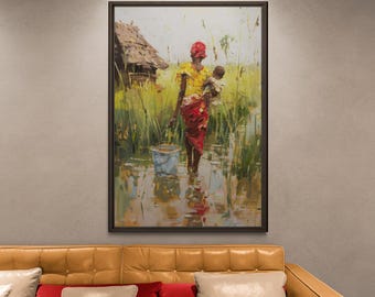African Woman and Child Oil Painting Art, Giclée Canvas Print