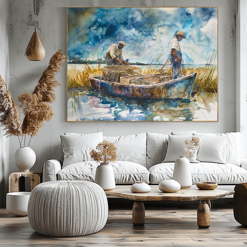 Gullah Geechee Art Print, Black Men Crabbing, Lowcountry Watercolor ...