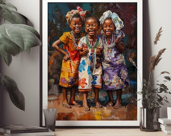 Joyful African Girls Wall Art | Black Canvas Print Afrocentric Decor