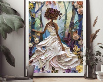 Black Woman Art Canvas, Floral Dress, African American Art Print