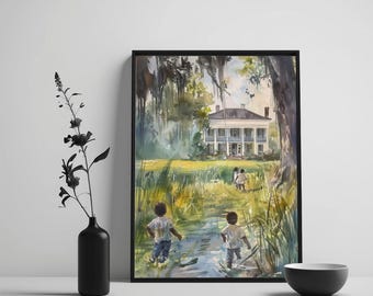 Gullah Geechee Art, Playing in the Field, Lowcountry Art Water Color Print, South Carolina, African American Canvas, Black History Art