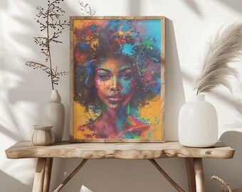 Black Woman Colorful Art Print, Afrocentric Feminine Wall Decor