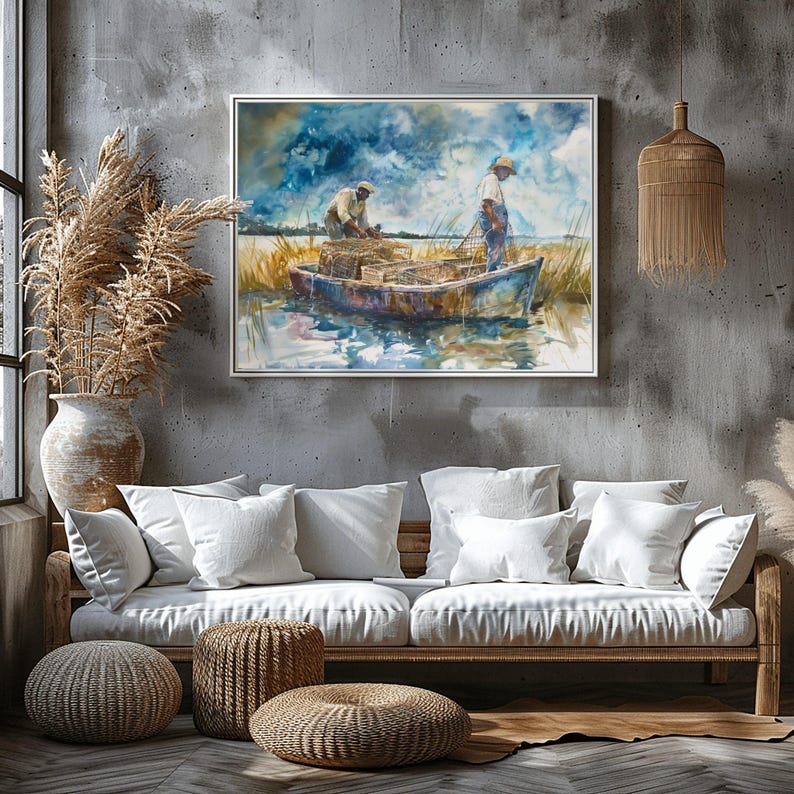 Gullah Geechee Art Print, Black Men Crabbing, Lowcountry Watercolor ...