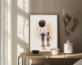 Black Mother and Son Watercolor Art Print, Family Wall Decor