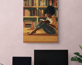 Black Girl Reading Art, Afrocentric Canvas Print, Library Bookshelf