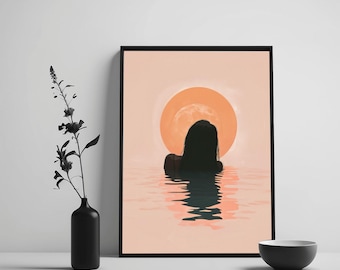 Black Woman Swimming at Sunrise Art Print, Boho African American Wall Decor