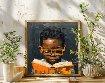 Black Boy Reading Art Print, Nursery Decor, Stretched Canvas