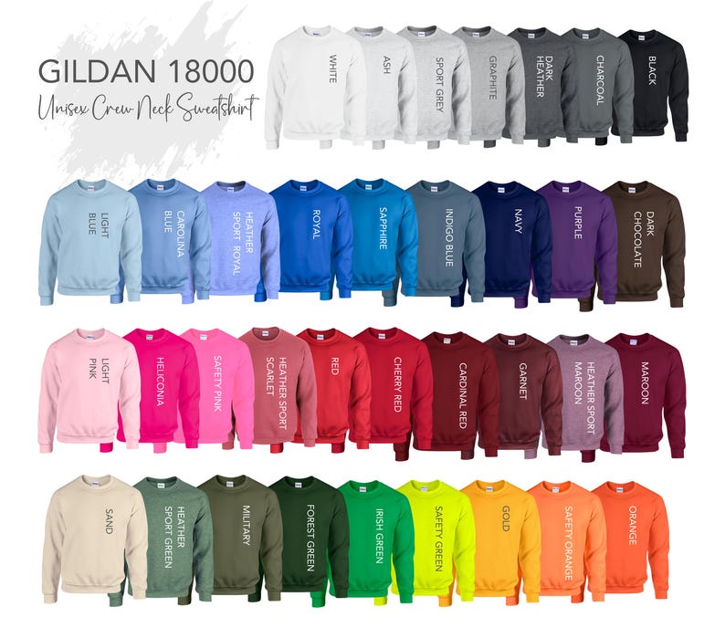 May include: A collection of Gildan 18000 unisex crew neck sweatshirts in various colors, including white, black, blue, pink, and green. The image displays a wide range of hues, with each sweatshirt labeled with its respective color name. The text "Unisex Crew Neck Sweatshirt" is visible.