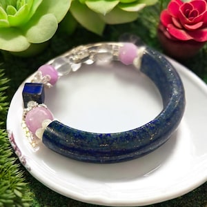 Lapis Lazuli & Pink Jade Bangle: Clear Quartz Healing Crystal Bracelet