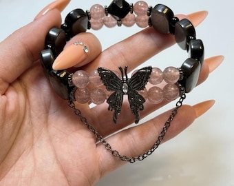 Strawberry Quartz & Black Obsidian Butterfly Bracelet  | ONE OF A KIND Statement Piece