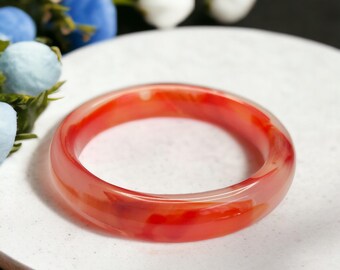 Red Orange Banded Agate Bangle: Handmade Natural Stone Bracelet