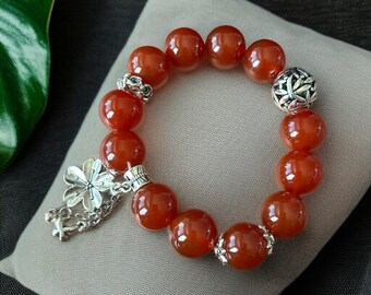 Carnelian Gemstone Bracelet with Silver Charms – Natural Energy Jewelry for Protection and Luck
