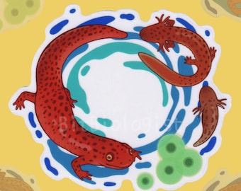 May include: A sticker featuring a stylized illustration of several newts in shades of red and brown, arranged around a central white circle with blue and teal water-like patterns. The background is yellow, with additional newt illustrations.