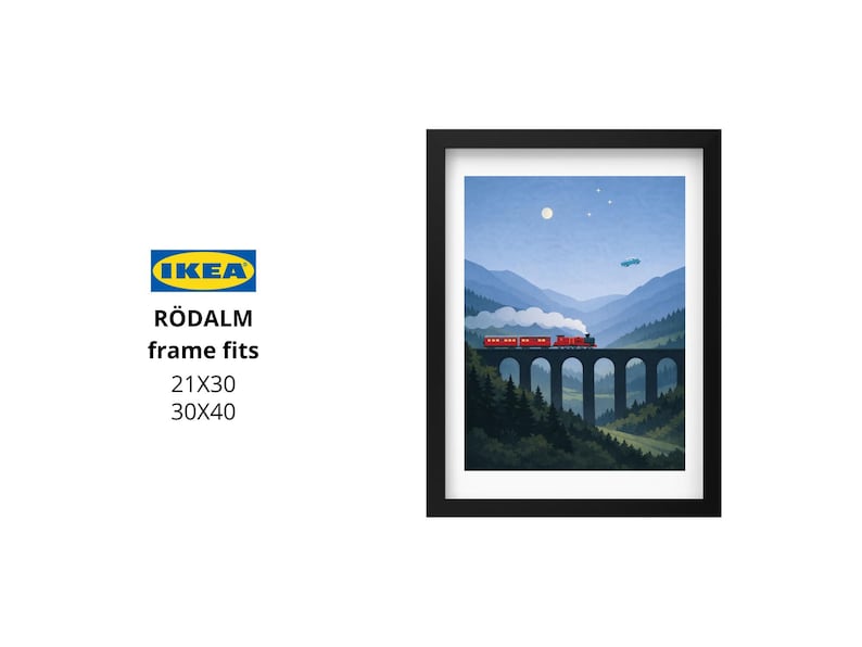 May include: Framed art print featuring a red train crossing a stone bridge in a mountain landscape. The sky is blue with a moon and stars. The frame is black. The print is designed to fit IKEA R&Ouml;DALM frames, sizes 21x30 and 30x40 inches.
