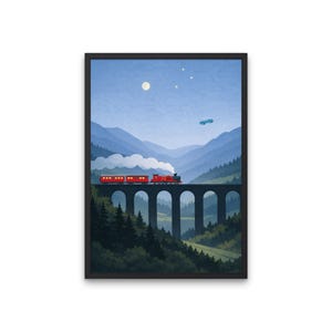 May include: A framed art print depicts a red train crossing a stone bridge over a valley. The scene includes mountains, trees, a full moon, and a few stars in a blue sky. A small, light blue car is also visible.