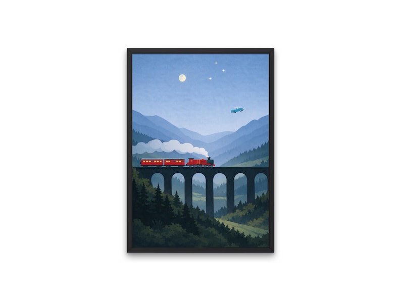 May include: A framed art print depicts a red train crossing a stone bridge over a valley. The scene includes mountains, trees, a full moon, and a few stars in a blue sky. A small, light blue car is also visible.