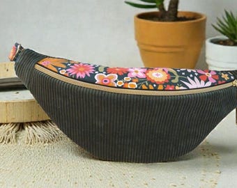 Fanny pack for women or children, khaki corduroy with floral pattern