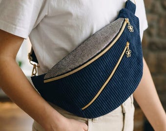 Women's XL belt bag in blue corduroy and faux leather