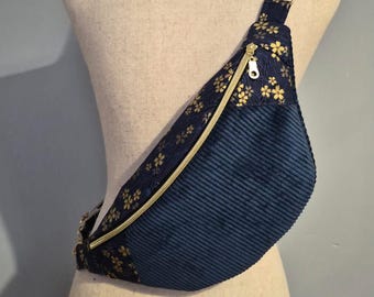 Navy Blue Corduroy Belt Bag with Gold Floral Pattern