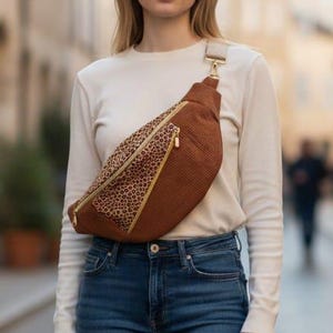 XL women's corduroy fanny pack in rust and leopard print – Shoulder bag