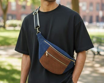 Men's or women's corduroy fanny pack in black and brown