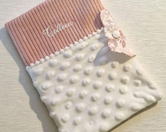 Baby girl health record book cover – pink minky and corduroy fabric – soft and customizable cover