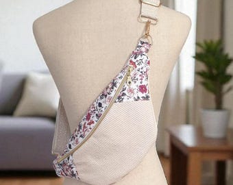Women's belt bag in ecru and floral corduroy