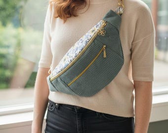 Women's light blue corduroy belt bag – Front pocket – Floral interior