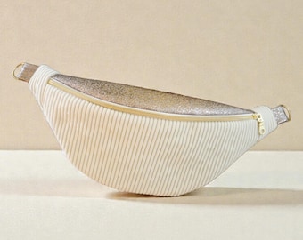 Fanny pack for women or children – Ecru corduroy & gold faux leather detail