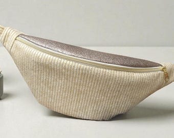 Ecru/gold corduroy and faux leather fanny pack