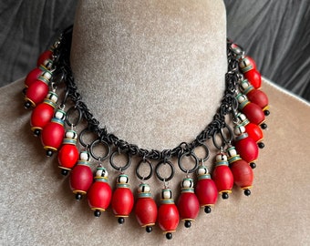 Vibrant Red strong energy necklace w vintage Bohemian beads