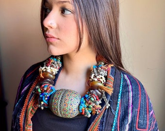 Statement Berber tribal style necklace, huge enameled focal bead, color texture like crazy