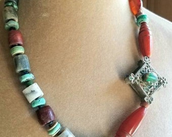 One of a kind 4 Directions old Berber silver cross necklace w ancient and antique stone beads, rare carnelian beads