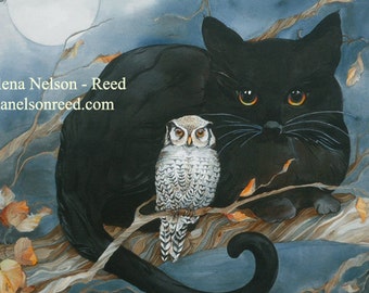 Black Cat and White Owl Helena Nelson - Reed signed art canvas