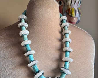 Water and sky tribal bohemian statement necklace, global ancient world classic design, aqua green beads, faux white quartz, rustic vibe