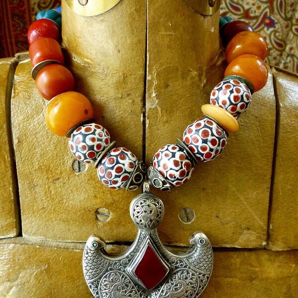 Love birds and deer, tribal beads necklace