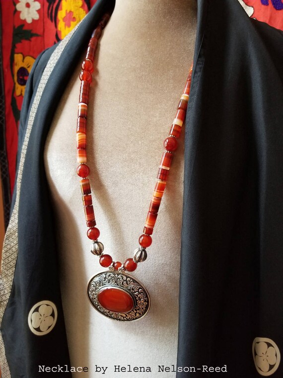 Mogul Interior Orange Carnelian Beads Pendent Handmade Statement Necklaces