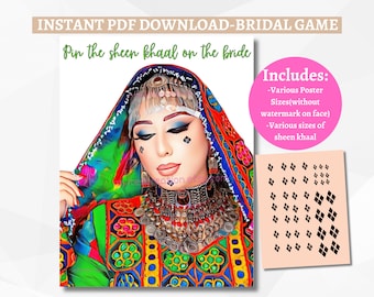 May include: A printable bridal game called "Pin the sheen khaal on the bride". The game includes a poster of a bride wearing traditional Indian clothing and a sheet of black diamond shapes to pin on the poster.