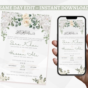 May include: A white and green wedding invitation with floral designs. The invitation is for Sara Khan and Hassan Ali, and it states the wedding reception will be held on Saturday, August 26, 2023, at 4 PM. The invitation includes the text "بسم الله الرحمن الرحيم" in Arabic.