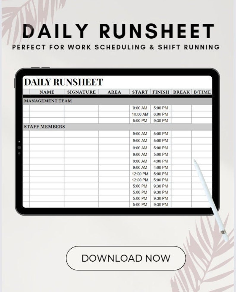 DAILY RUNSHEET [editable/live] - Etsy